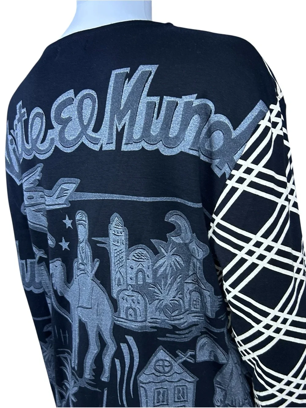 Vintage 90s Custo Barcelona Blue Tower Graphic Print Long Sleeve Top S Rare Y2K